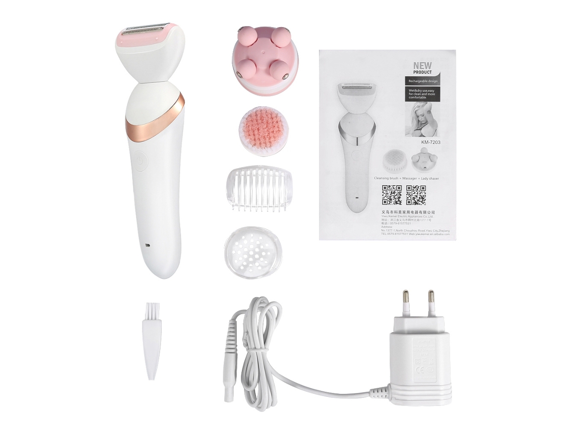 Depiladora recargable Kemei 3 en 1 para mujer: limpiadora facial, masajeadora y moldeadora de bikini.