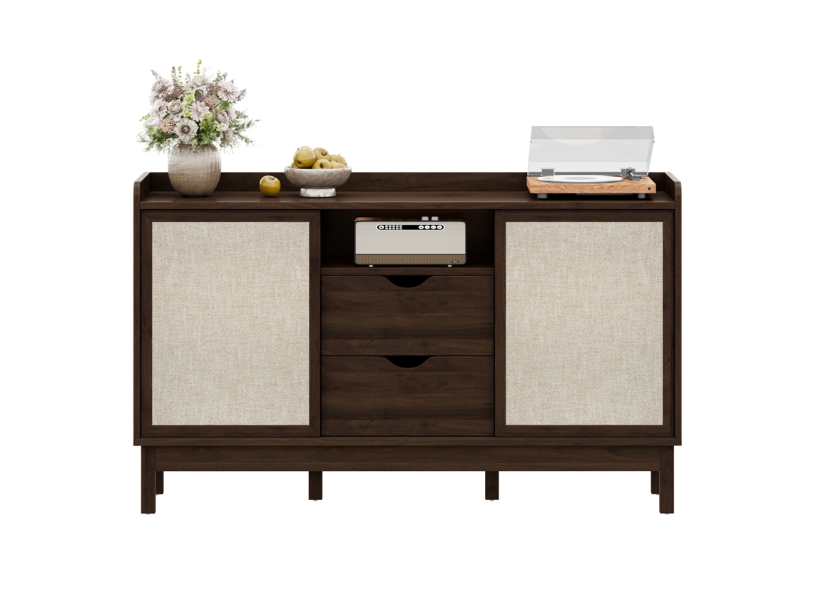 Aparador 120 Cm - Puertas Correderas Y Doble Cajón, Almacenamiento Multifuncional - Natural