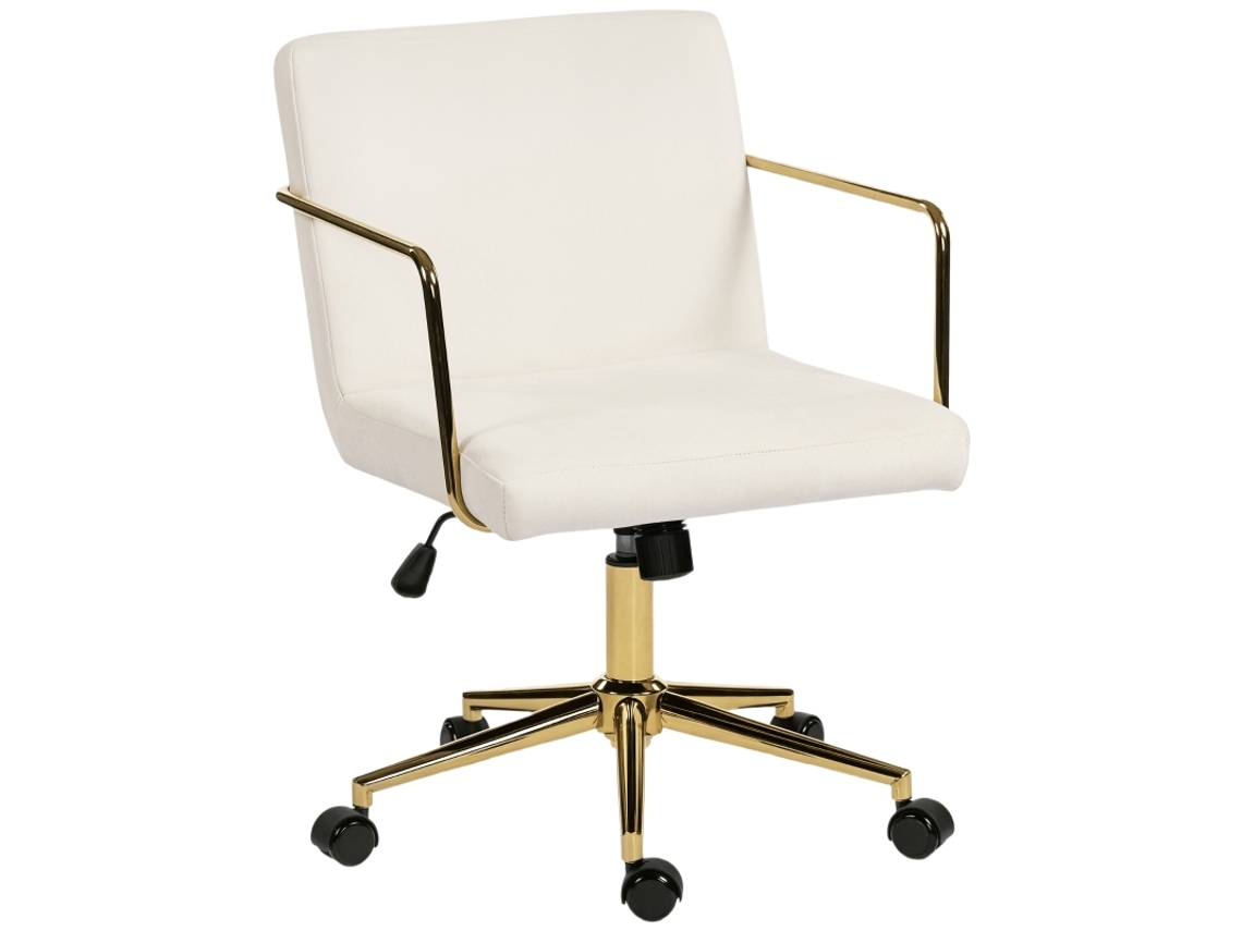 Silla de oficina de terciopelo, base dorada, giratoria, con ruedas, color crema, sin marca.