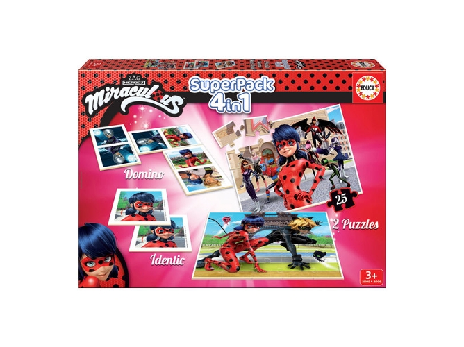 Educa Las Aventuras superpack miraculous ladybug incluye domino identic y 2 puzzles juego de mesa niños partir 3 años 17259