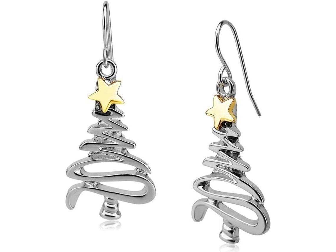 Bonitos Pendientes Colgantes De Árbol De Navidad Bicolor En Oro Y Plata - Regalo Navideño Para Mujeres Y Niñas