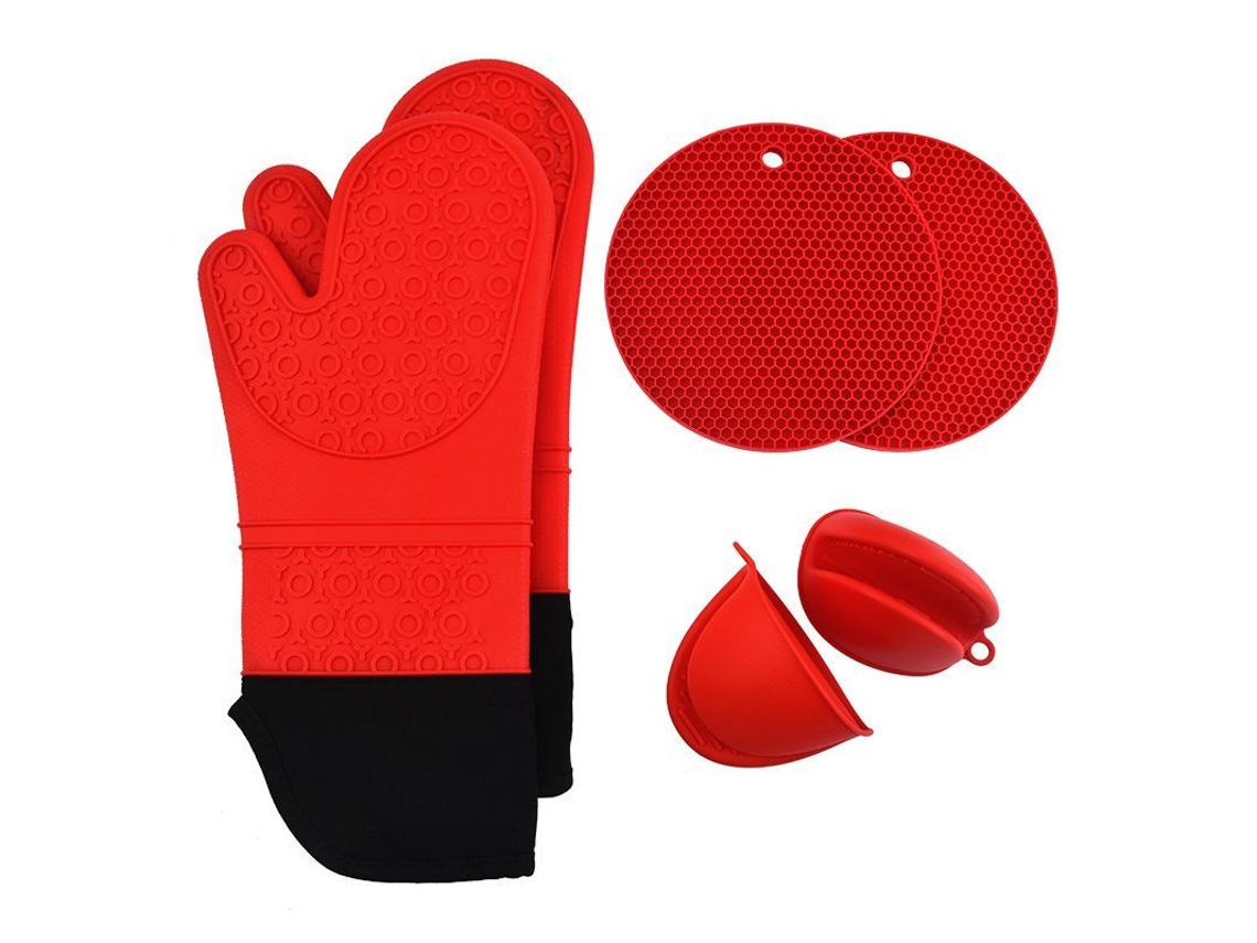 Guantes de cocina de silicona Rebe-Long, resistentes al calor, antideslizantes, con 2 agarraderas y 2 clips para los dedos, rojos, 1 par.