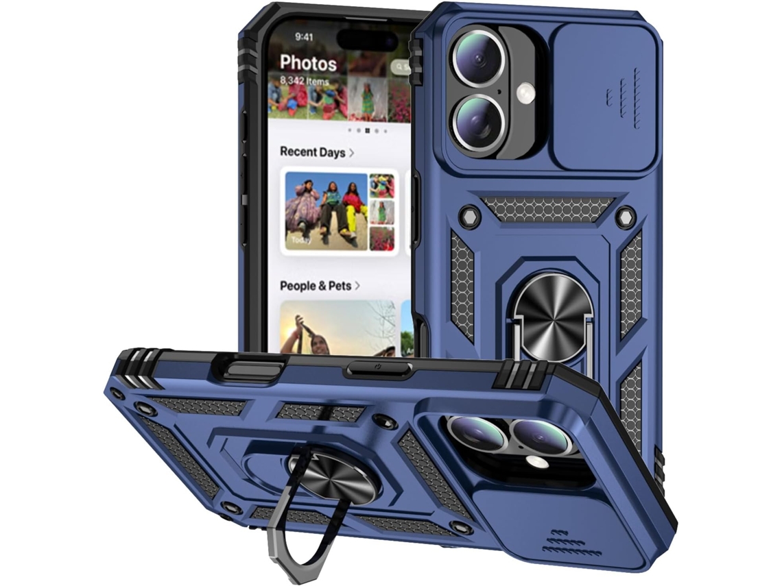 Funda magnética AEUZWR compatible con iPhone 16 con protector de cámara, soporte integrado y resistente a impactos (azul)