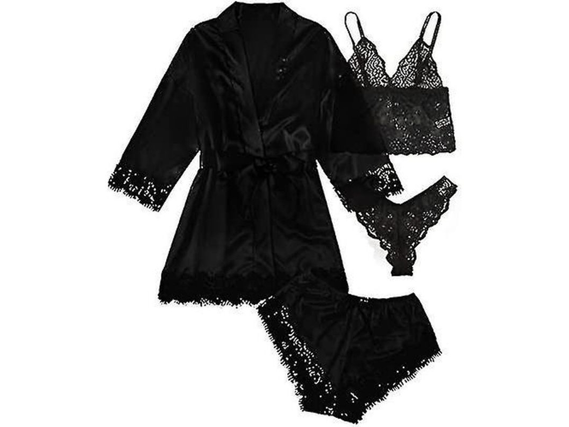 2026-conjunto De Pijamas De Satin Con Encaje Floral 4 Piezas Para Mujer Incluye Batidor