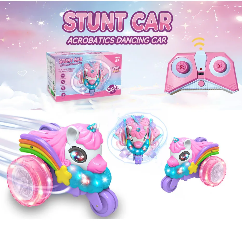 (rosa) Coche Acrobático De Unicornio Teledirigido, Coche De Juguete Que Baila Y Gira, Con Control Remoto.