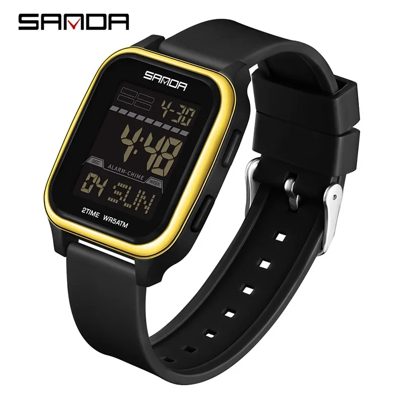 (oro Negro) Elegante Reloj Electrónico Para Hombre Con Esfera Cuadrada Multifuncional, Calendario, Acabado Luminoso Y Resistencia Al Agua.