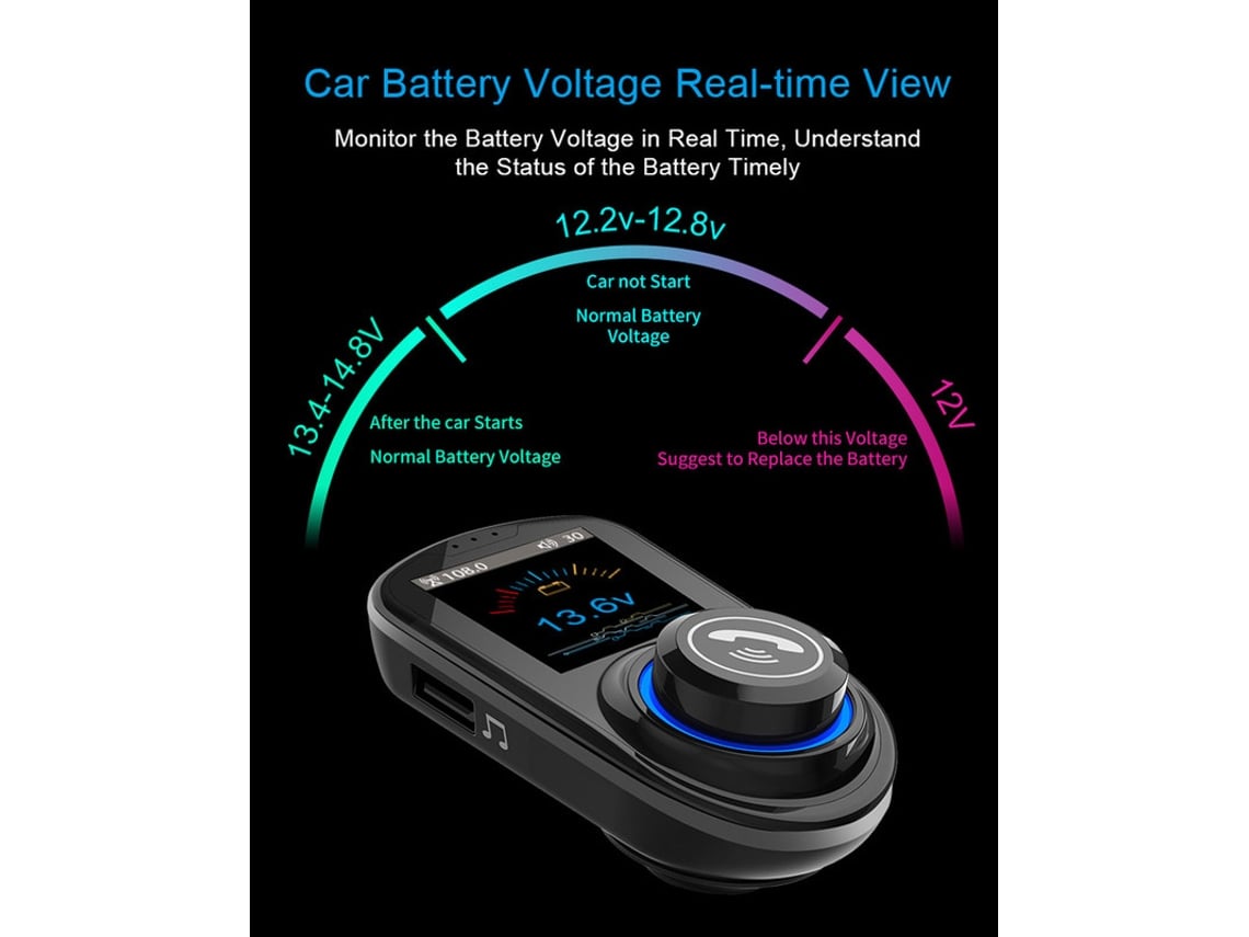 Kit de coche Bluetooth Pantalla LCD a color de 1,8 pulgadas QC3.0 Cargador  de coche Transmisor FM Bluetooth 5.0 MP3 para coche (Negro) ENKERS