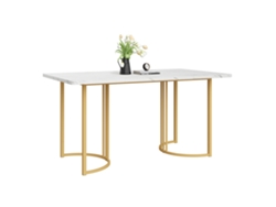 Mesa de comedor de 140 x 80 cm con patas ajustables y estructura de metal con revestimiento de mármol blanco y dorado Mobrio