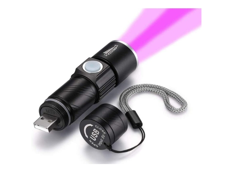 Mini linterna UV recargable por USB, linterna LED de luz negra, linternas ultravioleta con zoom de 395 nm, buscador de orina para perros y gatos, l...