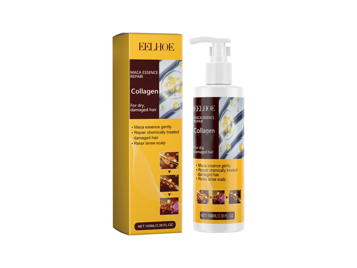El champú de colágeno con esencia de maca repara el cabello dañado, reduce las puntas abiertas, limpia en profundidad y aporta brillo.